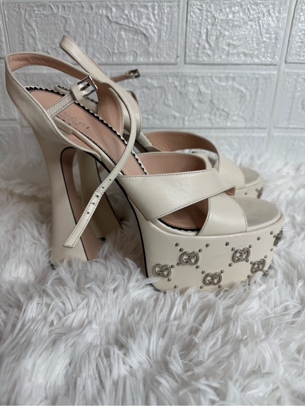 Gucci Janaya Interlocking GG Cream Leather Studded Platform Sandals